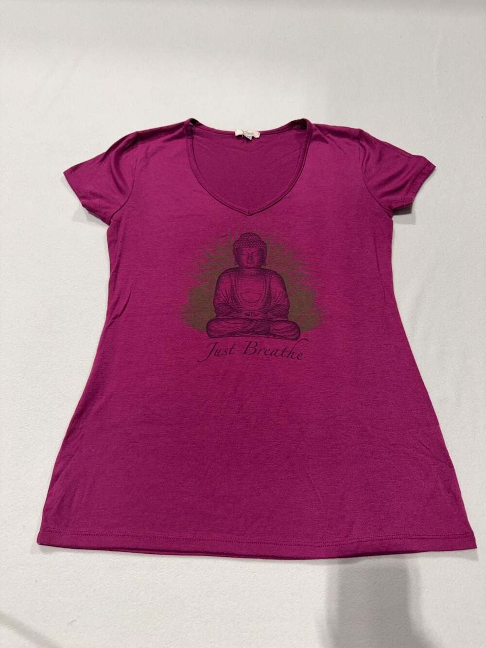 Yogi Just Breathe Buddha Graphic V-Neck T-Shirt Size M